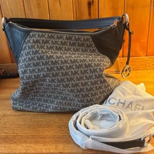 Michael Kors Black and Gray Logo Hobo Bag